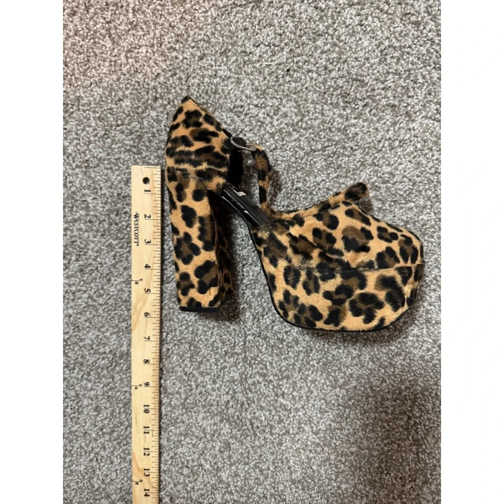 Too Sexy Leopard Print Faux Fur Platform Block Heels Ankle Strap Pumps 7.5